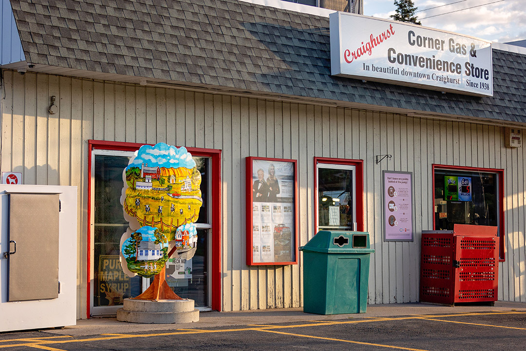 art tree of farm scenery by Marlene Bulas in front of Craighurst convenience store