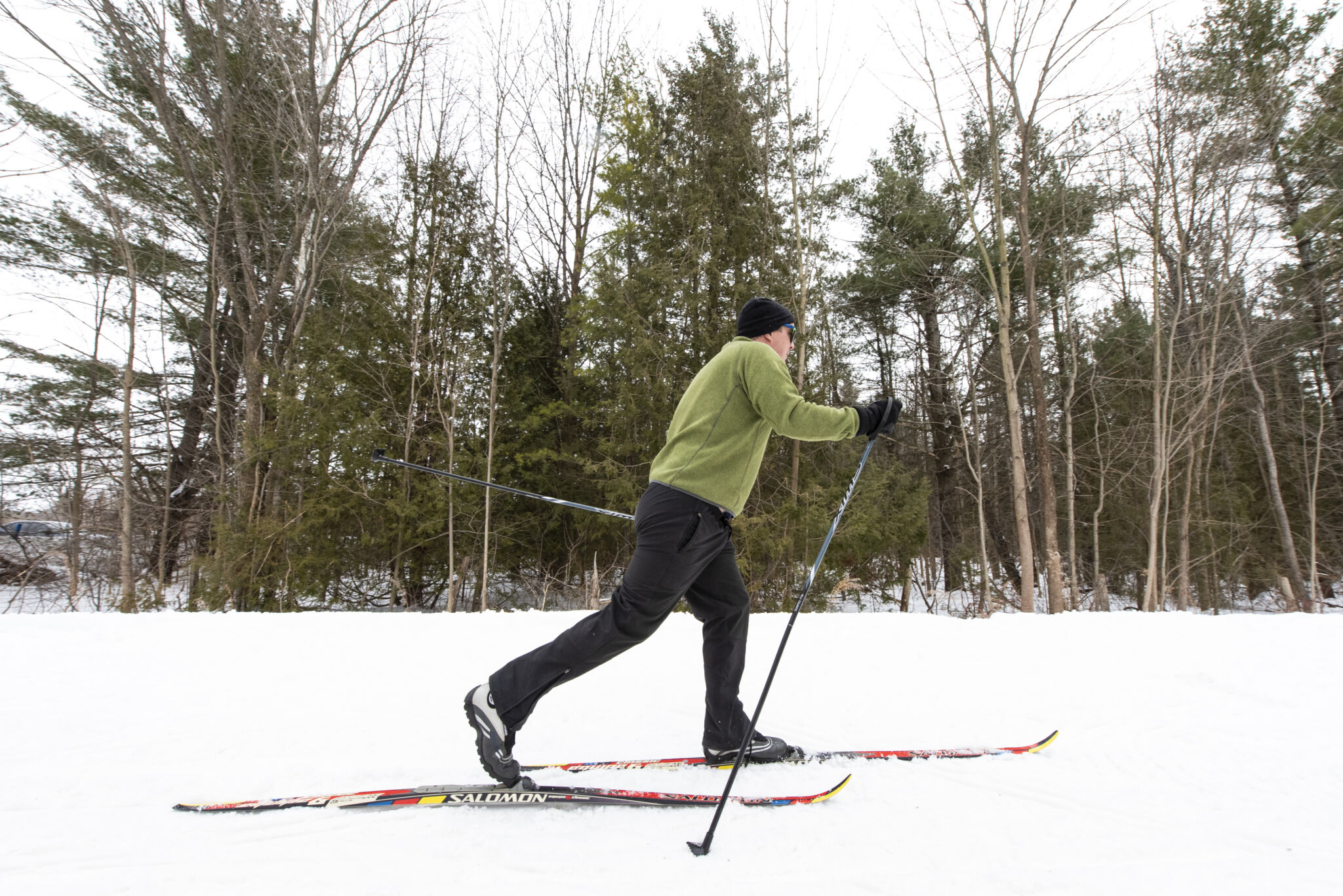 Cross country skier travels the trails at Hardwood ski and bike