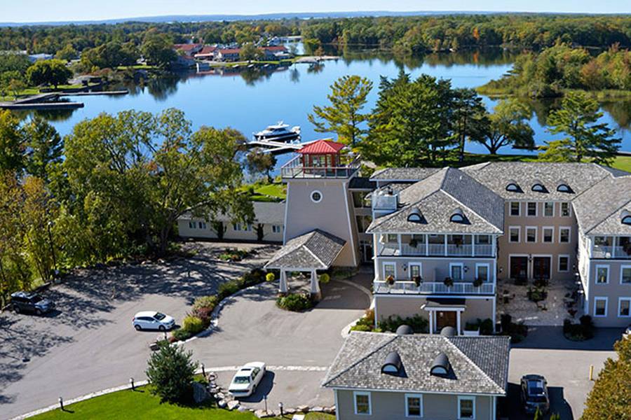 Aerial view of a waterfront resort and marina