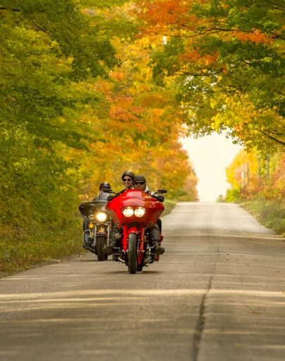 Motorcyclist riding along an autumn road
